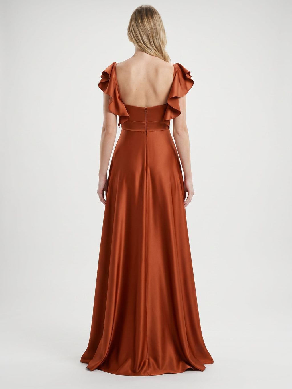 Cinnamon Satin A-Line V-Neck Back Zip Floor-Length Bridesmaid Dress with Ruffles - Curvevia