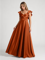 Cinnamon Satin A-Line V-Neck Back Zip Floor-Length Bridesmaid Dress with Ruffles - Curvevia