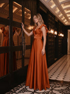 Cinnamon Satin A-Line V-Neck Back Zip Floor-Length Bridesmaid Dress with Ruffles - Curvevia