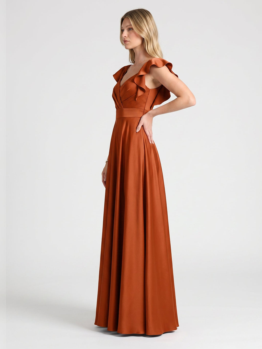 Cinnamon Satin A-Line V-Neck Back Zip Floor-Length Bridesmaid Dress with Ruffles - Curvevia