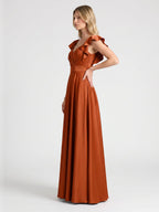Cinnamon Satin A-Line V-Neck Back Zip Floor-Length Bridesmaid Dress with Ruffles - Curvevia