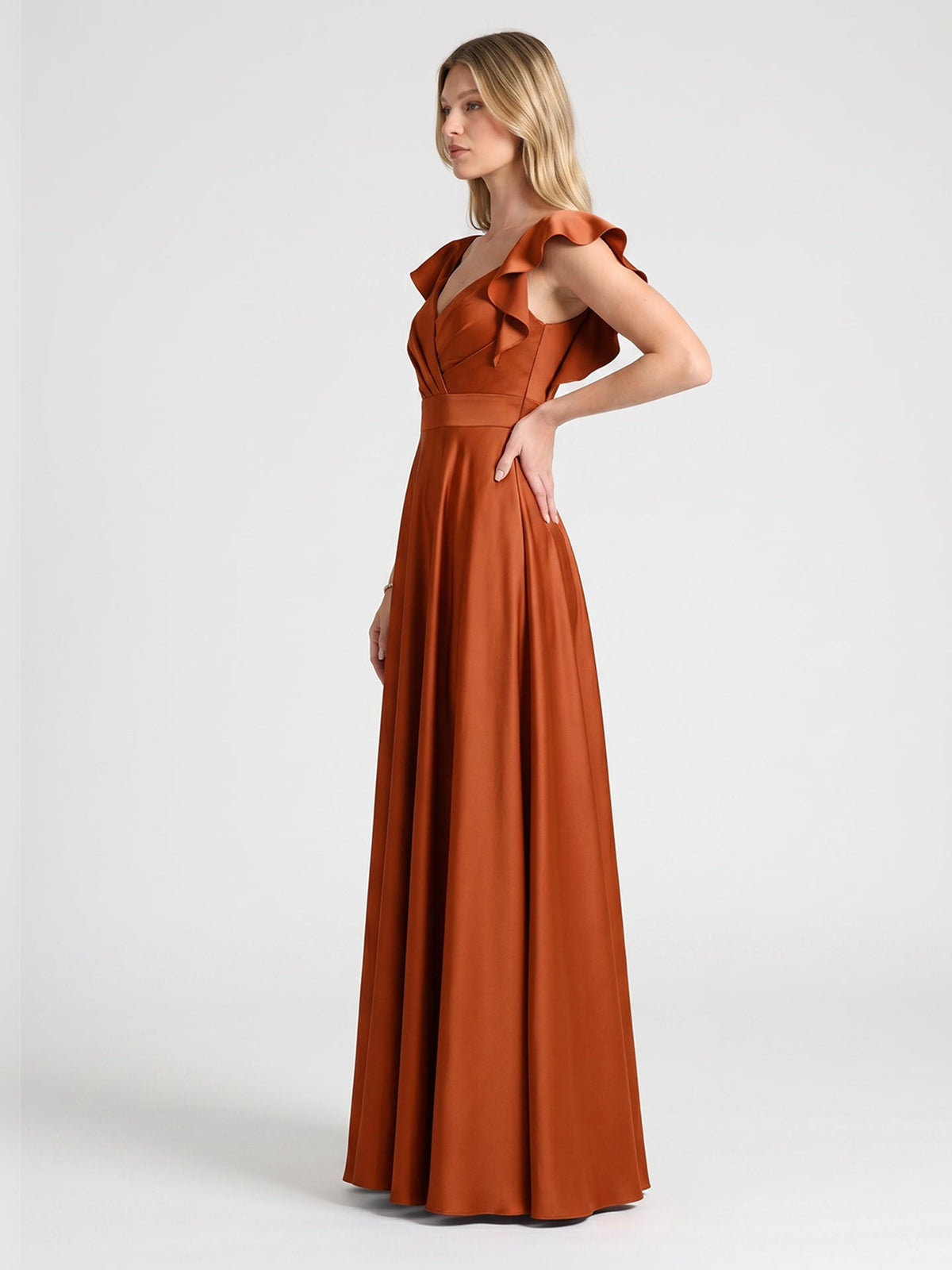 Cinnamon Satin A-Line V-Neck Back Zip Floor-Length Bridesmaid Dress with Ruffles - Curvevia