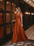 Cinnamon Satin A-Line V-Neck Back Zip Floor-Length Bridesmaid Dress with Ruffles - Curvevia