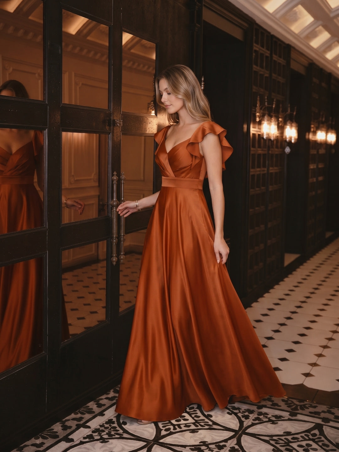 Cinnamon Satin A-Line V-Neck Back Zip Floor-Length Bridesmaid Dress with Ruffles - Curvevia