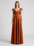 Cinnamon Satin A-Line V-Neck Back Zip Floor-Length Bridesmaid Dress with Ruffles - Curvevia