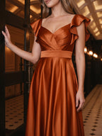 Cinnamon Satin A-Line V-Neck Back Zip Floor-Length Bridesmaid Dress with Ruffles - Curvevia