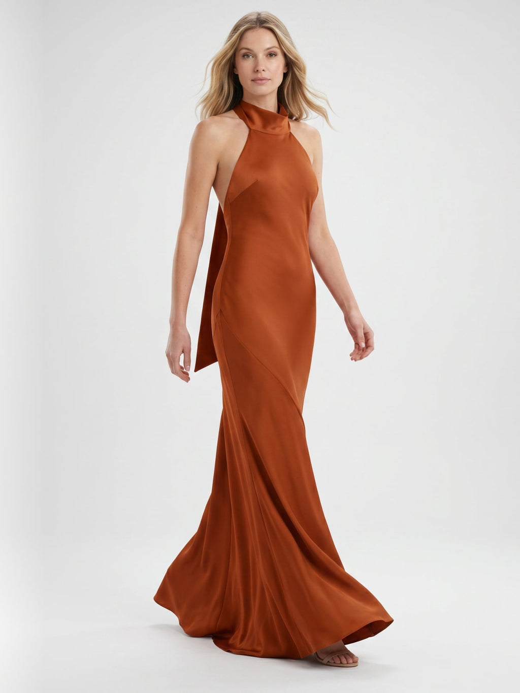 Cinnamon Satin Mermaid Halter Backless Floor-Length Bridesmaid Dress with Bow - Curvevia