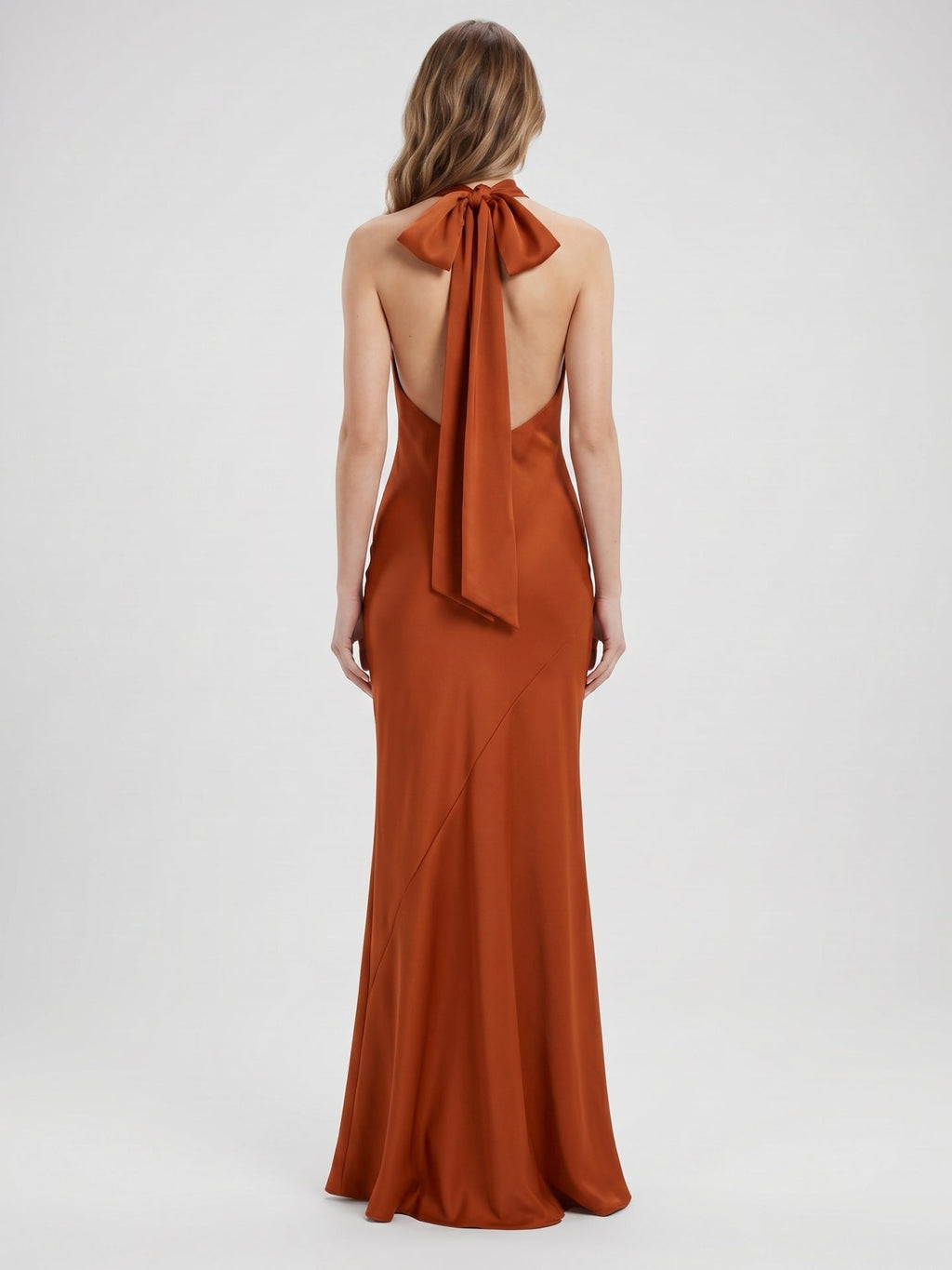 Cinnamon Satin Mermaid Halter Backless Floor-Length Bridesmaid Dress with Bow - Curvevia