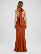 Cinnamon Satin Mermaid Halter Backless Floor-Length Bridesmaid Dress with Bow - Curvevia