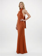 Cinnamon Satin Mermaid Halter Backless Floor-Length Bridesmaid Dress with Bow - Curvevia