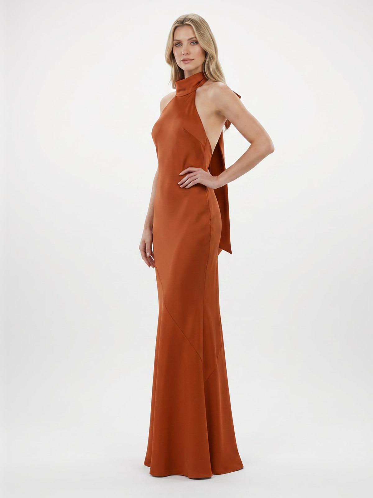 Cinnamon Satin Mermaid Halter Backless Floor-Length Bridesmaid Dress with Bow - Curvevia