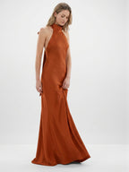 Cinnamon Satin Mermaid Halter Backless Floor-Length Bridesmaid Dress with Bow - Curvevia