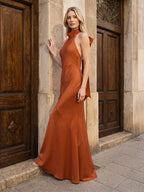 Cinnamon Satin Mermaid Halter Backless Floor-Length Bridesmaid Dress with Bow - Curvevia