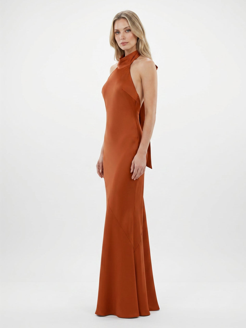 Cinnamon Satin Mermaid Halter Backless Floor-Length Bridesmaid Dress with Bow - Curvevia