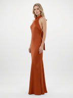 Cinnamon Satin Mermaid Halter Backless Floor-Length Bridesmaid Dress with Bow - Curvevia