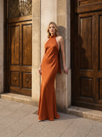 Cinnamon Satin Mermaid Halter Backless Floor-Length Bridesmaid Dress with Bow - Curvevia