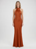 Cinnamon Satin Mermaid Halter Backless Floor-Length Bridesmaid Dress with Bow - Curvevia