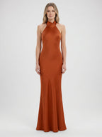 Cinnamon Satin Mermaid Halter Backless Floor-Length Bridesmaid Dress with Bow - Curvevia