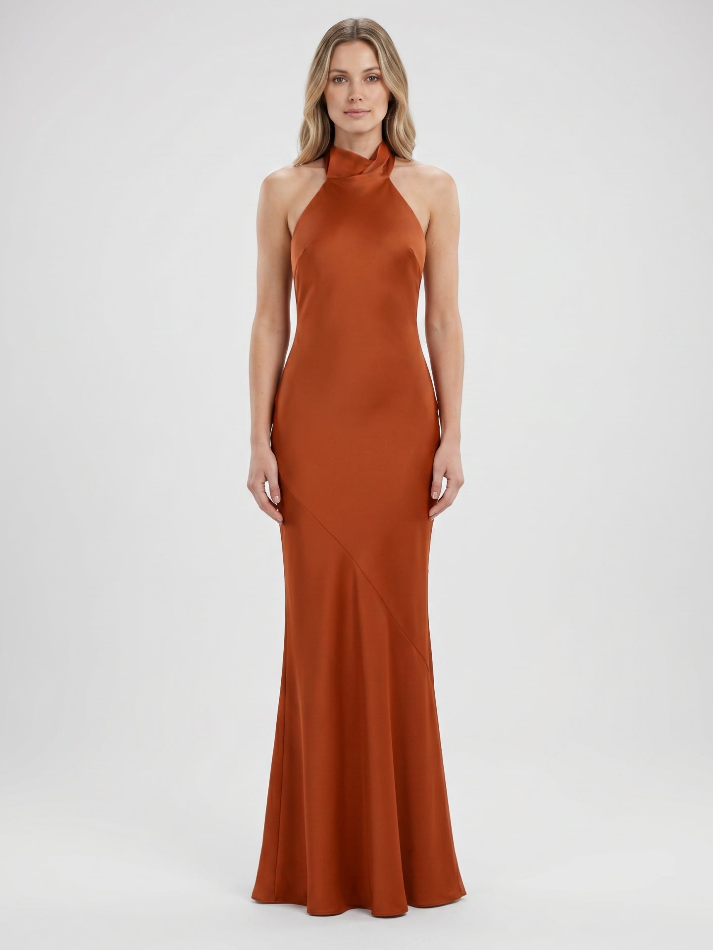 Cinnamon Satin Mermaid Halter Backless Floor-Length Bridesmaid Dress with Bow - Curvevia