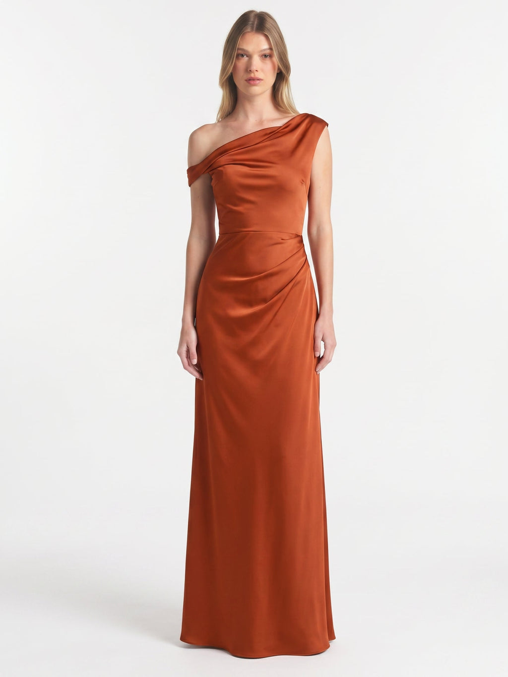 Cinnamon Satin Mermaid One Shoulder Side Zip Floor-Length Bridesmaid Dress with Pleats - Curvevia