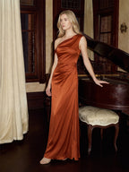 Cinnamon Satin Mermaid One Shoulder Side Zip Floor-Length Bridesmaid Dress with Pleats - Curvevia