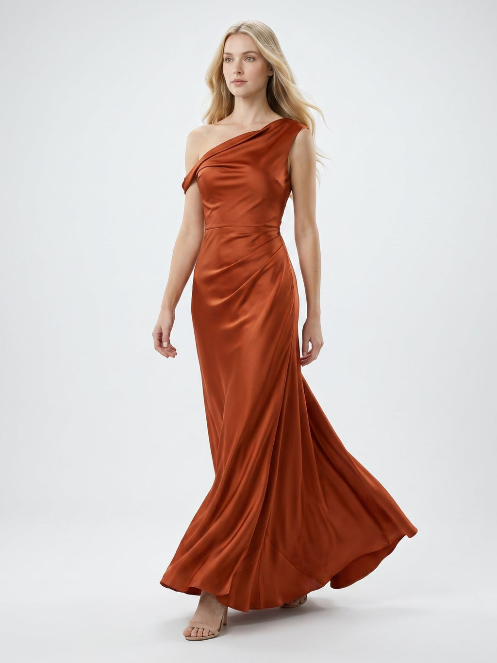 Cinnamon Satin Mermaid One Shoulder Side Zip Floor-Length Bridesmaid Dress with Pleats - Curvevia