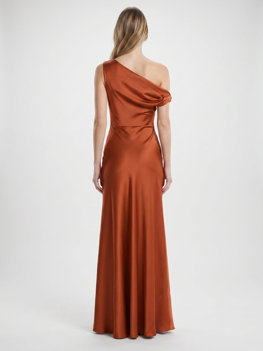 Cinnamon Satin Mermaid One Shoulder Side Zip Floor-Length Bridesmaid Dress with Pleats - Curvevia