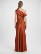 Cinnamon Satin Mermaid One Shoulder Side Zip Floor-Length Bridesmaid Dress with Pleats - Curvevia