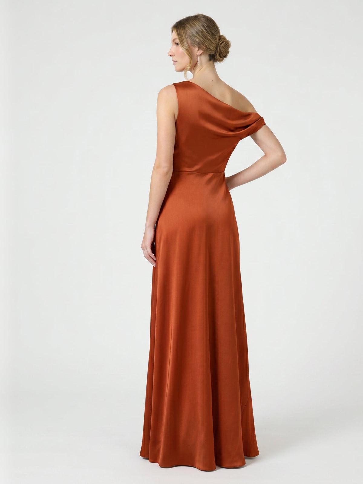 Cinnamon Satin Mermaid One Shoulder Side Zip Floor-Length Bridesmaid Dress with Pleats - Curvevia