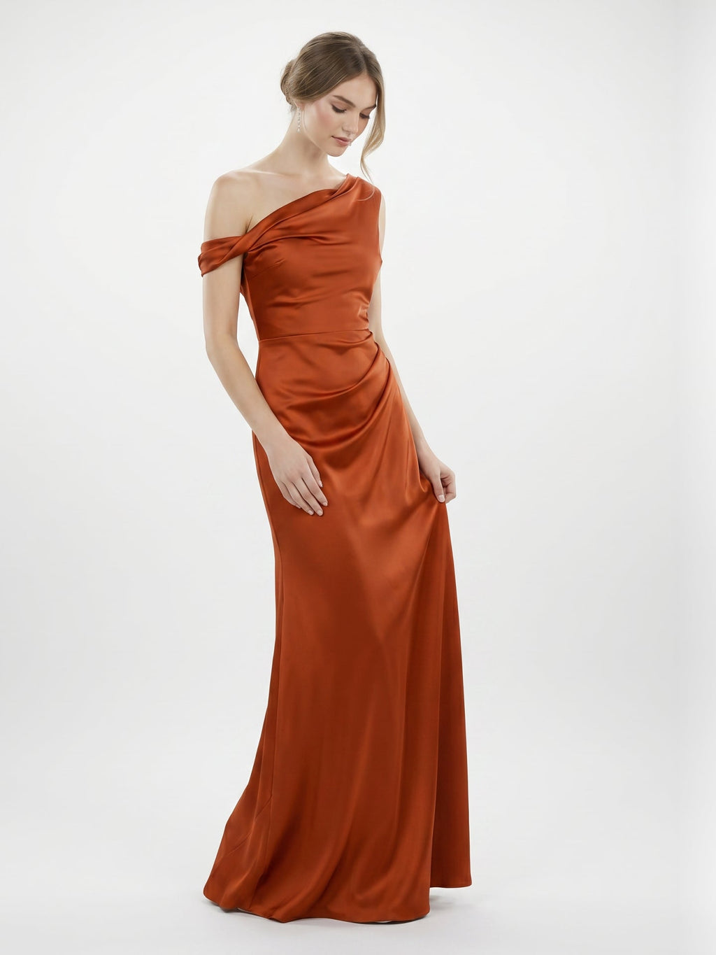 Cinnamon Satin Mermaid One Shoulder Side Zip Floor-Length Bridesmaid Dress with Pleats - Curvevia