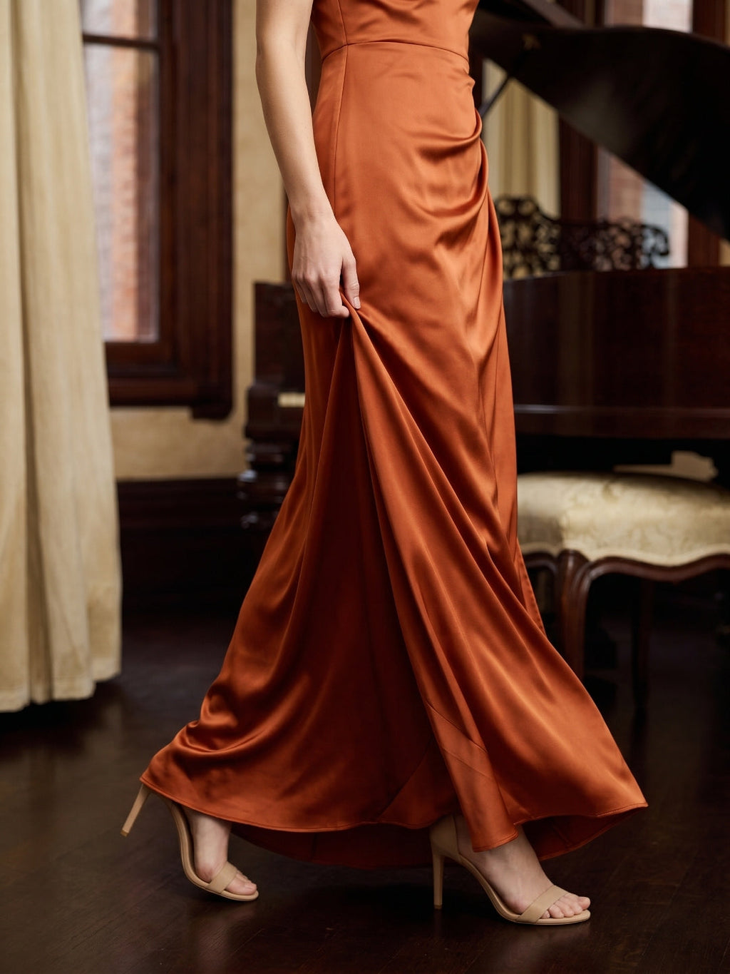Cinnamon Satin Mermaid One Shoulder Side Zip Floor-Length Bridesmaid Dress with Pleats - Curvevia