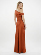 Cinnamon Satin Mermaid One Shoulder Side Zip Floor-Length Bridesmaid Dress with Pleats - Curvevia
