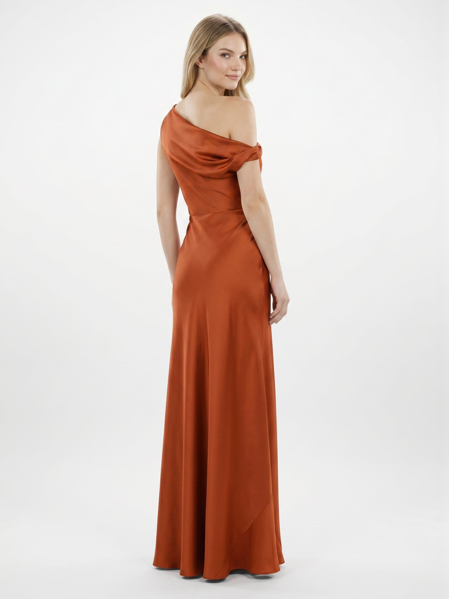 Cinnamon Satin Mermaid One Shoulder Side Zip Floor-Length Bridesmaid Dress with Pleats - Curvevia