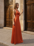 Cinnamon Satin Trumpet V-Neck Keyhole Back Ankle Bridesmaid Dress with Pleated Details - Curvevia