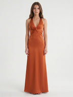 Cinnamon Satin Trumpet V-Neck Keyhole Back Ankle Bridesmaid Dress with Pleated Details - Curvevia