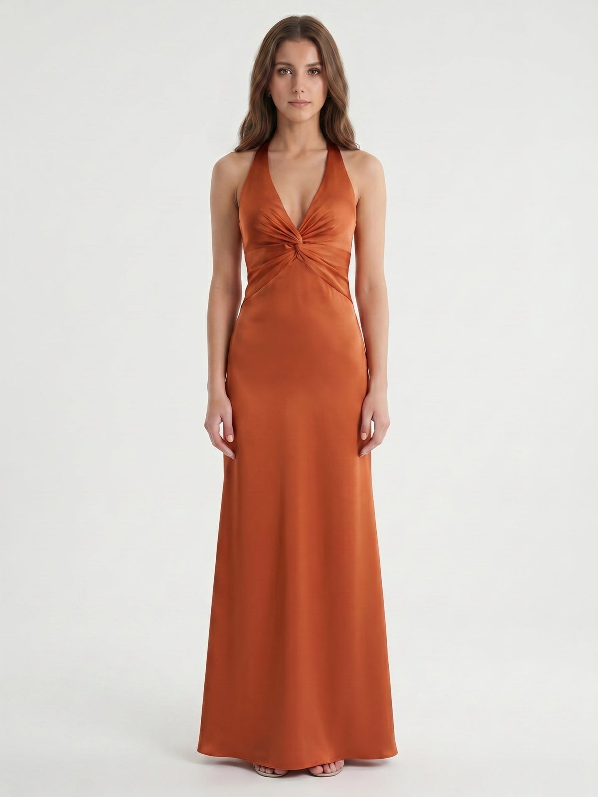 Cinnamon Satin Trumpet V-Neck Keyhole Back Ankle Bridesmaid Dress with Pleated Details - Curvevia