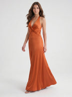 Cinnamon Satin Trumpet V-Neck Keyhole Back Ankle Bridesmaid Dress with Pleated Details - Curvevia