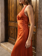 Cinnamon Satin Trumpet V-Neck Keyhole Back Ankle Bridesmaid Dress with Pleated Details - Curvevia