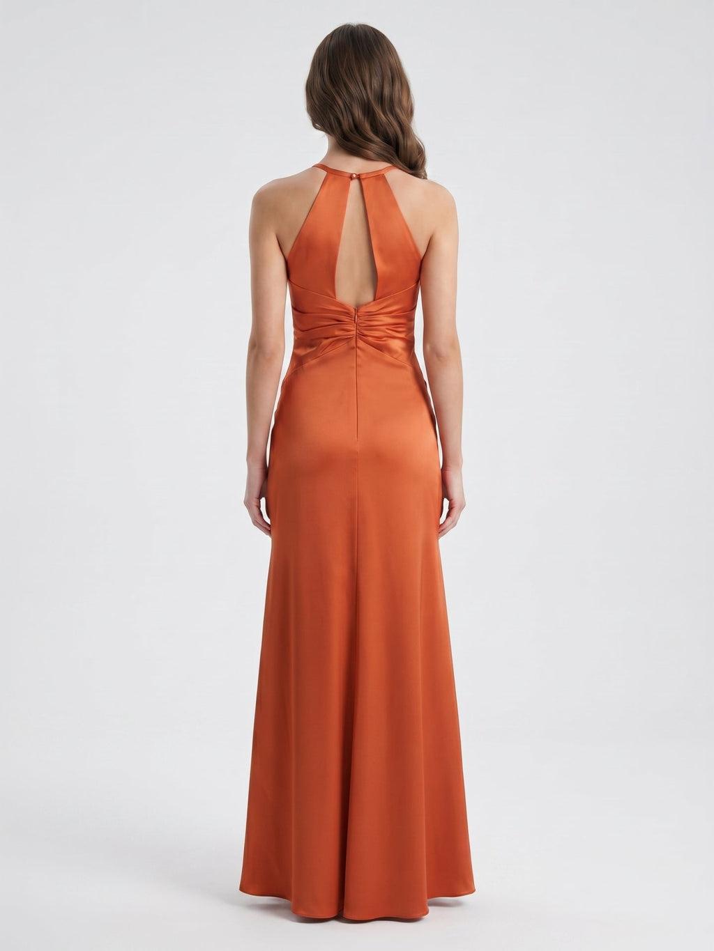 Cinnamon Satin Trumpet V-Neck Keyhole Back Ankle Bridesmaid Dress with Pleated Details - Curvevia