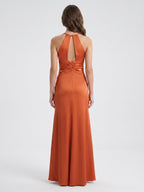 Cinnamon Satin Trumpet V-Neck Keyhole Back Ankle Bridesmaid Dress with Pleated Details - Curvevia