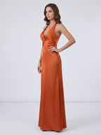 Cinnamon Satin Trumpet V-Neck Keyhole Back Ankle Bridesmaid Dress with Pleated Details - Curvevia