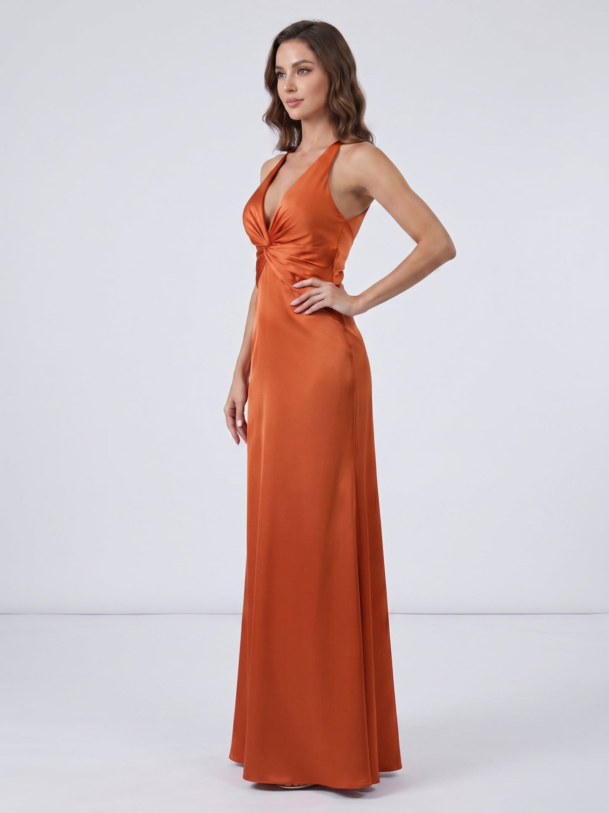 Cinnamon Satin Trumpet V-Neck Keyhole Back Ankle Bridesmaid Dress with Pleated Details - Curvevia