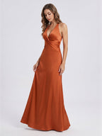 Cinnamon Satin Trumpet V-Neck Keyhole Back Ankle Bridesmaid Dress with Pleated Details - Curvevia