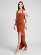 Cinnamon Stretch Knit Column Halter Backless Ankle Bridesmaid Dress with Pleats - Curvevia