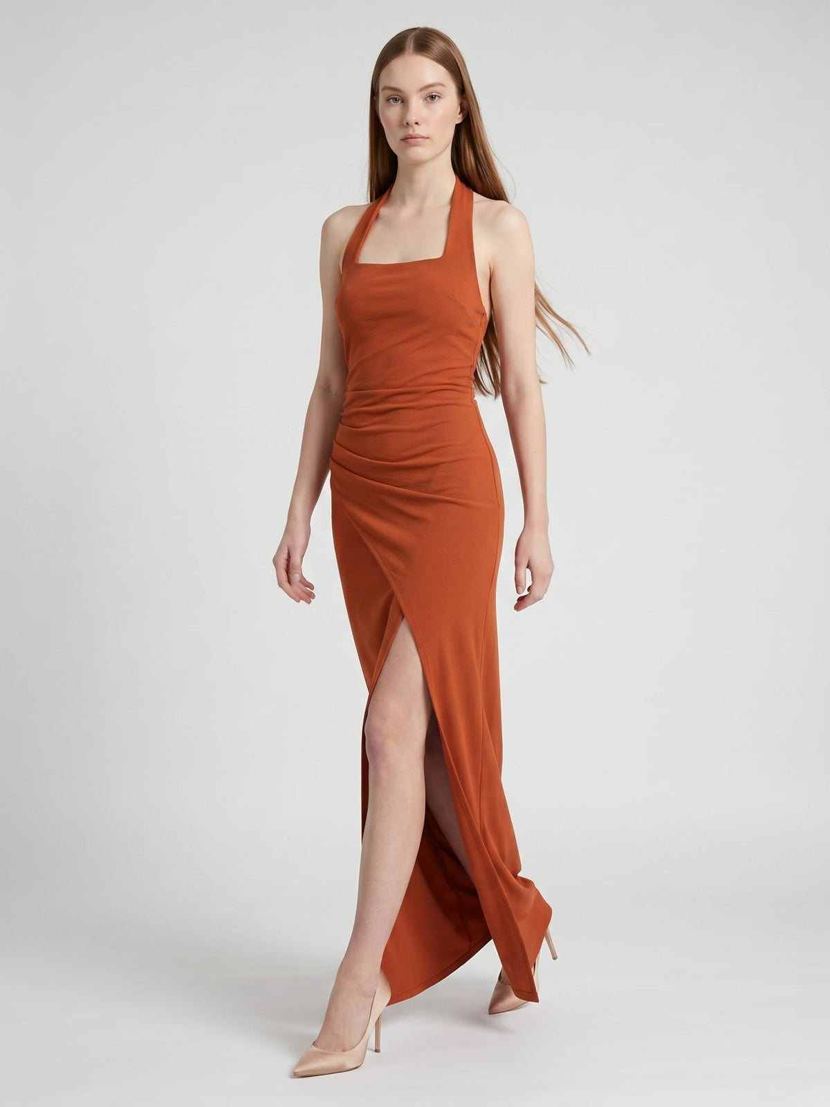 Cinnamon Stretch Knit Column Halter Backless Ankle Bridesmaid Dress with Pleats - Curvevia