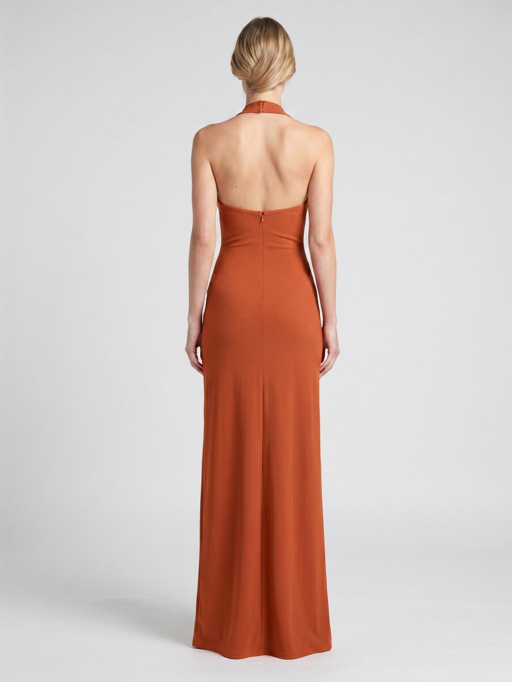 Cinnamon Stretch Knit Column Halter Backless Ankle Bridesmaid Dress with Pleats - Curvevia
