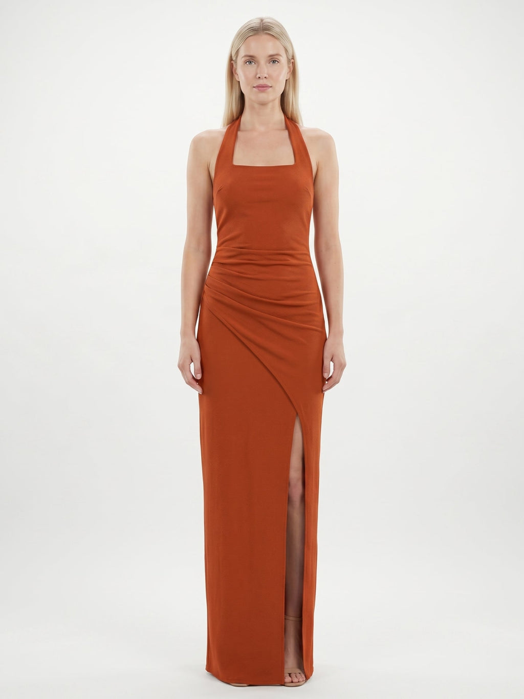 Cinnamon Stretch Knit Column Halter Backless Ankle Bridesmaid Dress with Pleats - Curvevia