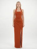 Cinnamon Stretch Knit Column Halter Backless Ankle Bridesmaid Dress with Pleats - Curvevia