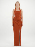 Cinnamon Stretch Knit Column Halter Backless Ankle Bridesmaid Dress with Pleats - Curvevia