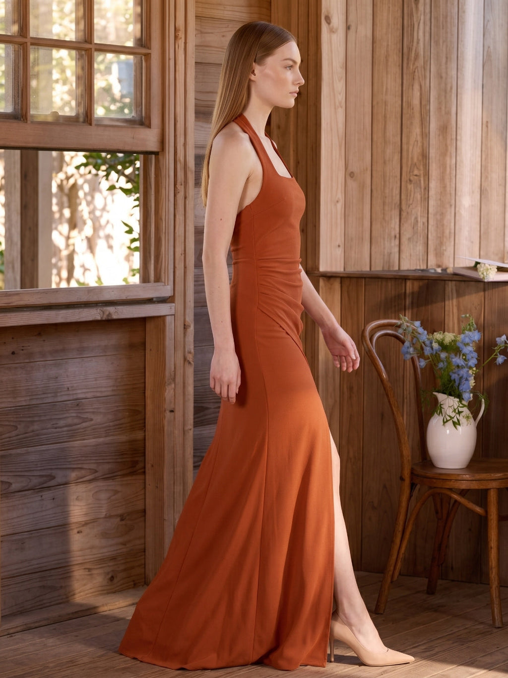Cinnamon Stretch Knit Column Halter Backless Ankle Bridesmaid Dress with Pleats - Curvevia